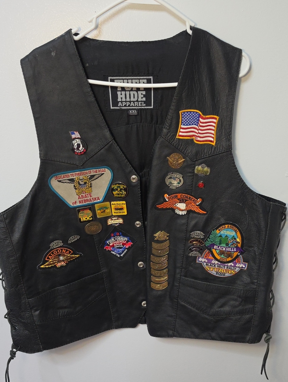 Hide Apparel Black Leather Biker Vest with Patriotic & Patch Details